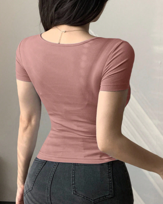 無地Vネック 半袖トップス［tops02］【受注販売品】