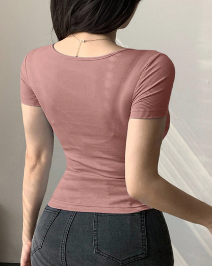 無地Vネック 半袖トップス［tops02］【受注販売品】